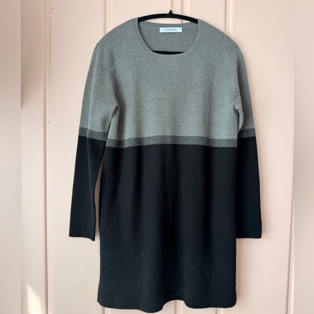 Kokun Bamboo and Cashmere Gray and Black Colorblock Sweater Dress SzM